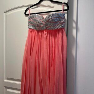 Pink and silver sequin strapless prom dress